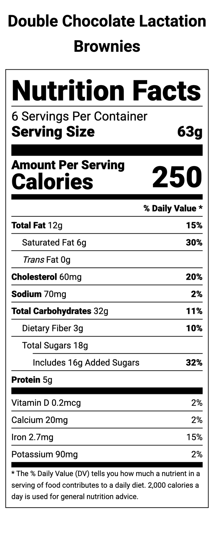 Nutrition facts for regenerative and organic postpartum freezer meal called Double Chocolate Lactation Brownies by Restorative Roots