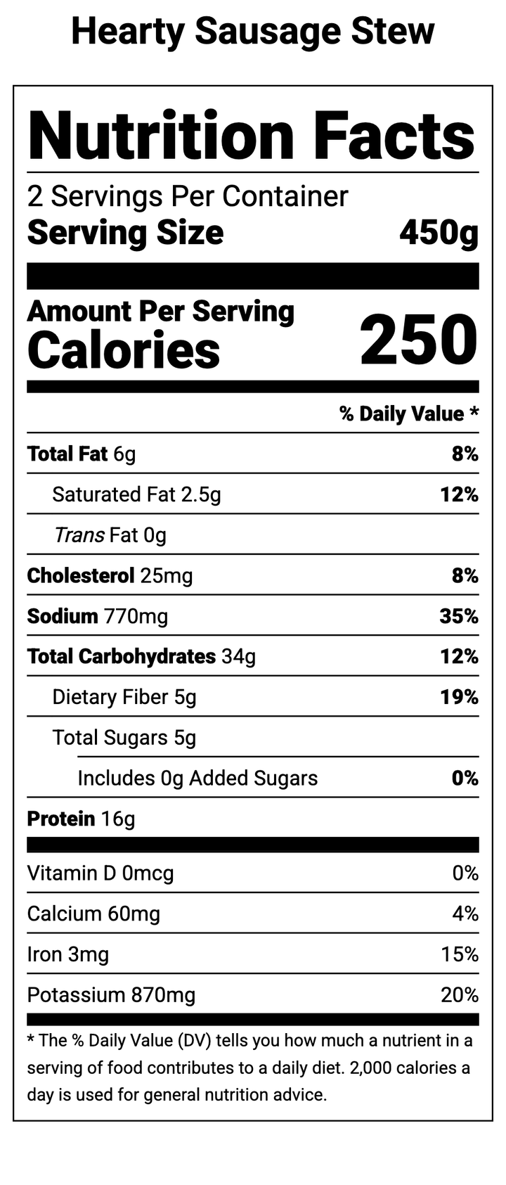 Nutrition facts for regenerative and organic postpartum freezer meal called Hearty Sausage Stew by Restorative Roots
