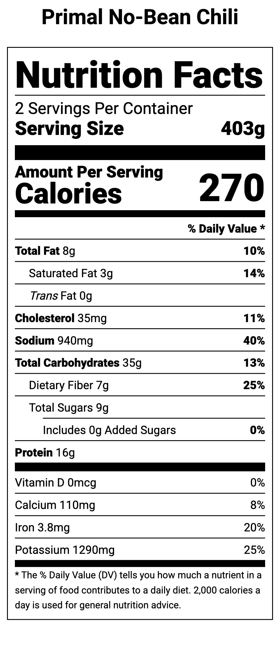 Nutrition facts for regenerative and organic postpartum freezer meal called Primal No-Bean Chili