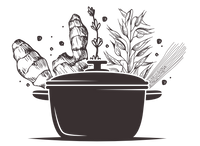 Illustrated Restorative Roots pot logo with herbs and vegetables