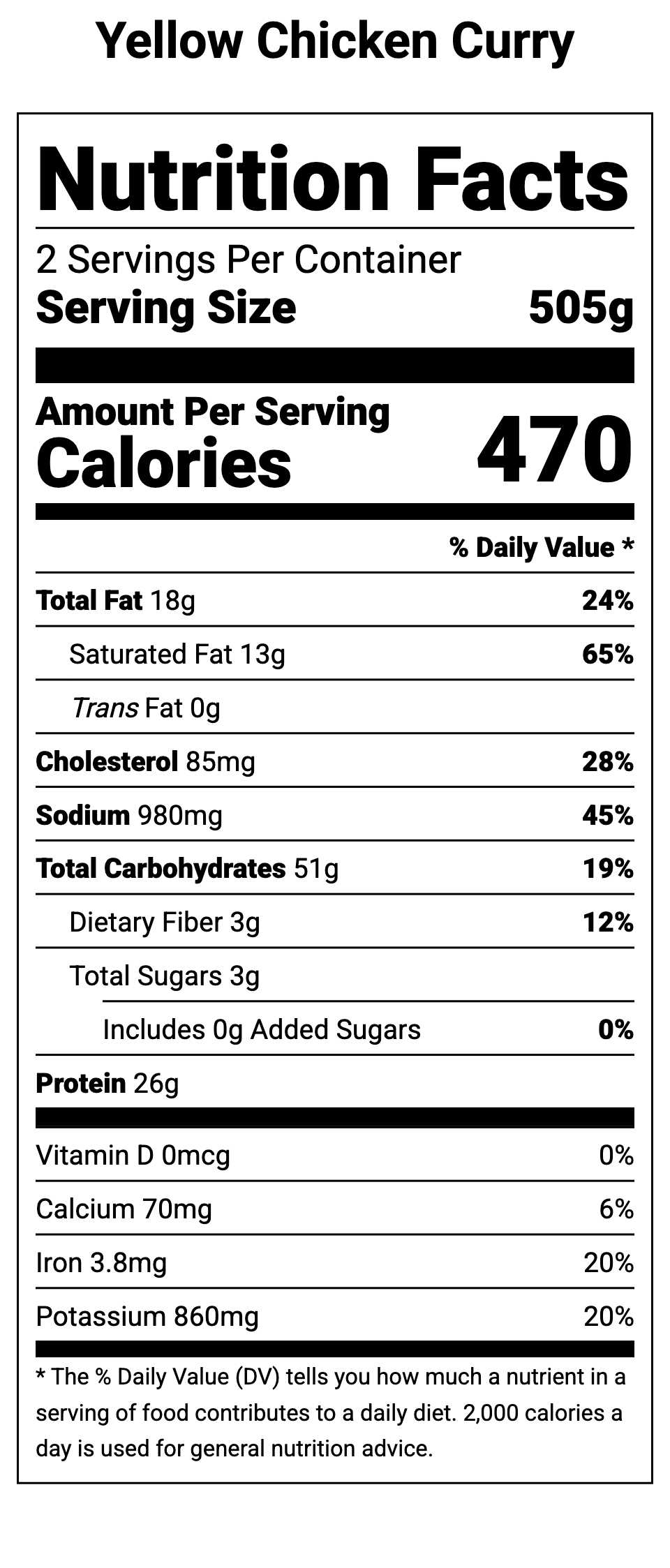 Nutrition facts for regenerative and organic postpartum freezer meal called Yellow Chicken Curry by Restorative Roots