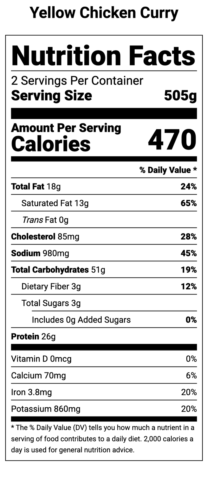 Nutrition facts for regenerative and organic postpartum freezer meal called Yellow Chicken Curry by Restorative Roots