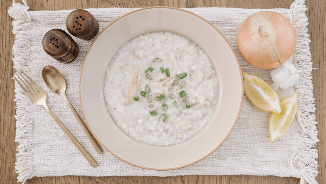 Organic chicken and rice congee with blended chicken liver for easy postpartum digestion