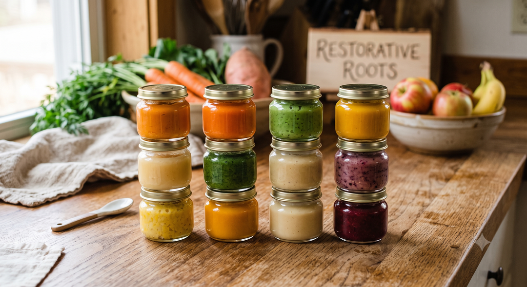 Restorative Roots organic baby food jars in a rainbow of colors on a farmhouse kitchen counter with fresh produce