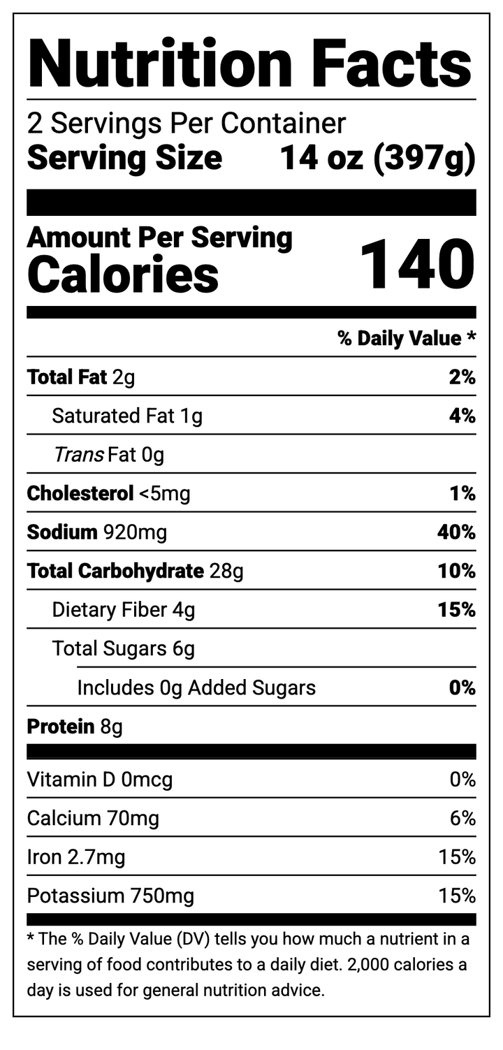 Nutrition facts label for Lentil Stew showing 140 calories per 14 oz serving