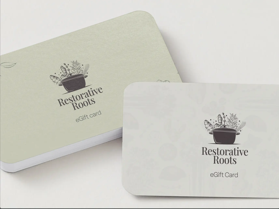Two 'Restorative Roots' eGift cards on a white background