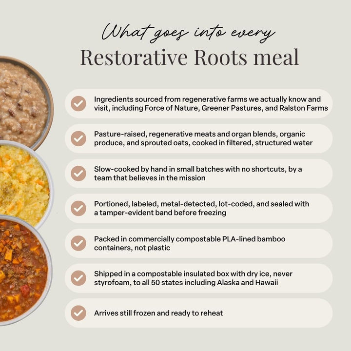 Restorative Roots meal description with ingredients and preparation details on a light gray background.