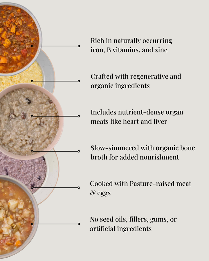 Bowls of soup with nutritional information text on a light gray background
